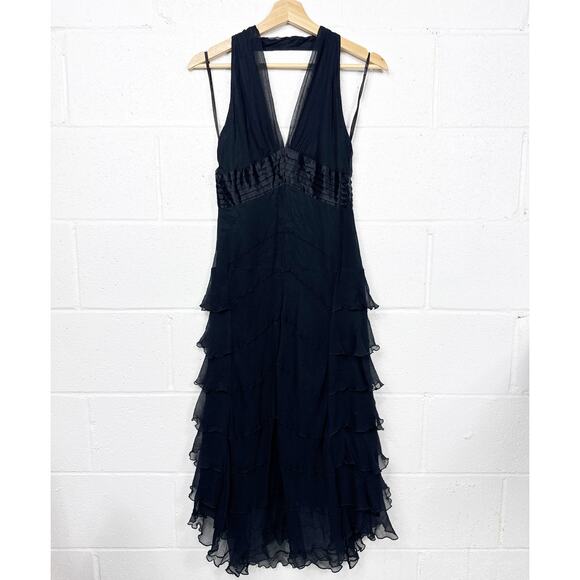 Max Azria Black Silk Chiffon Tiered Ruffle Dress Y2K Fairygoth Style Women’s 4 - Picture 1 of 16